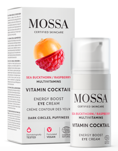 En hudvårdsproduktbox och flaska med etikett för hallon och havtorn, som marknadsför vitaminer och energi för ögonen.