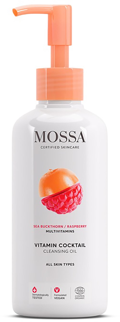 En vit flaska med rosa pump, märkt MOSSA Vitamin Cocktail Rengöringsolja med hjortron och havtorn.