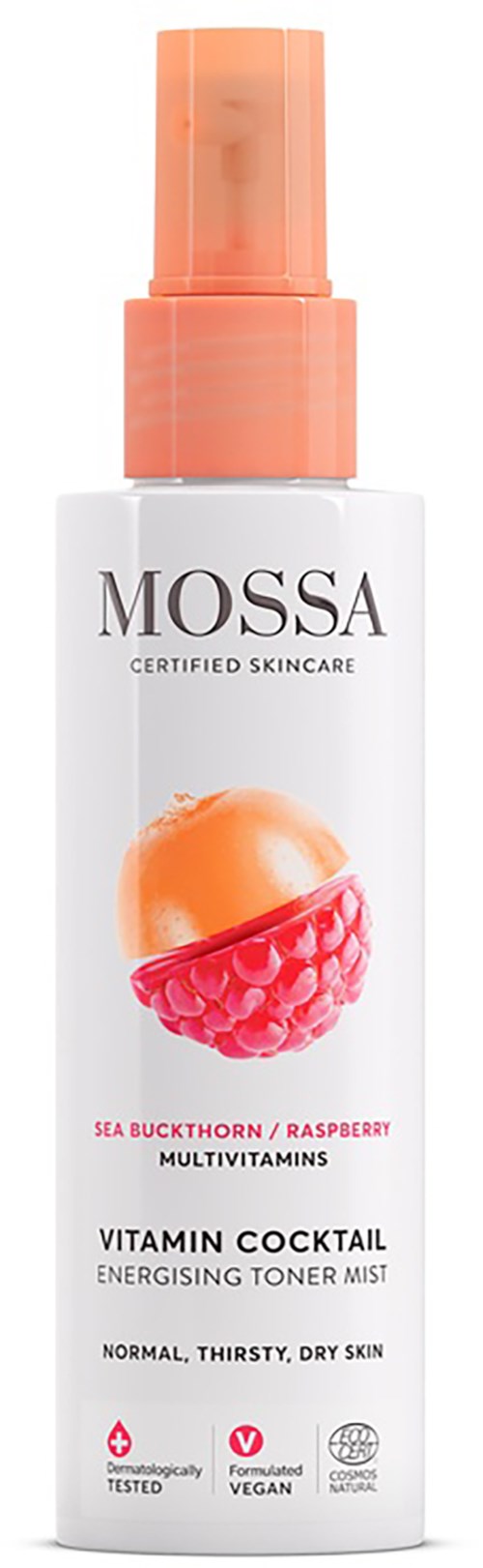 Eine weiße Flasche mit pfirsichfarbenem Sprühkopf. Das Etikett zeigt eine Himbeere und eine Orange, die auf Himbeere und Sanddorn hindeuten.