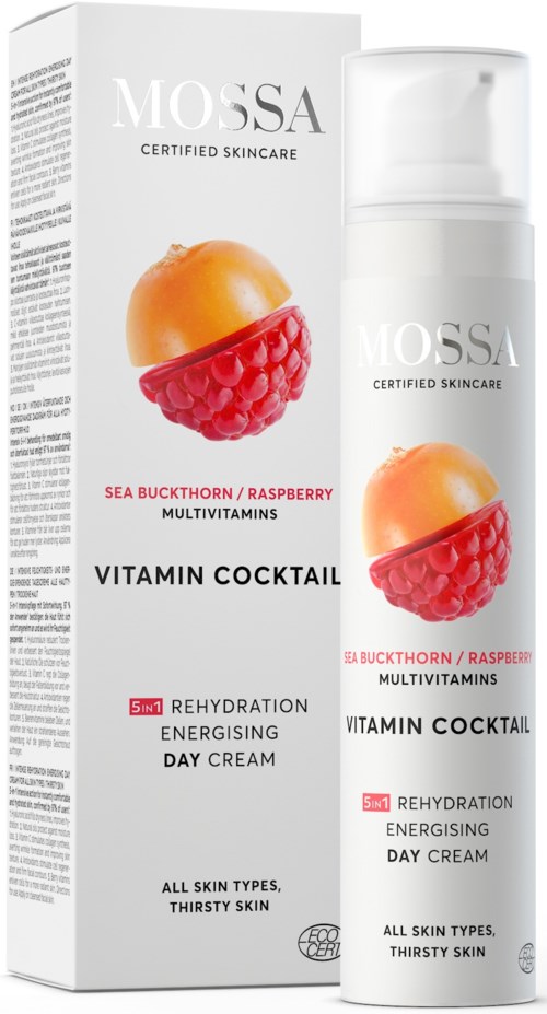 Een doos en fles Mossa Vitamin Cocktail met framboos en rozenbottel. Bevordert hydratatie en energie voor alle huidtypen.