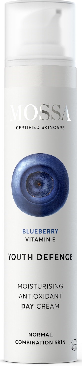 Een wit flesje met een blauwe bes afbeelding en tekst, gemarkeerd als Blueberry vitamine E dagcrème voor normale en gecombineerde huid.