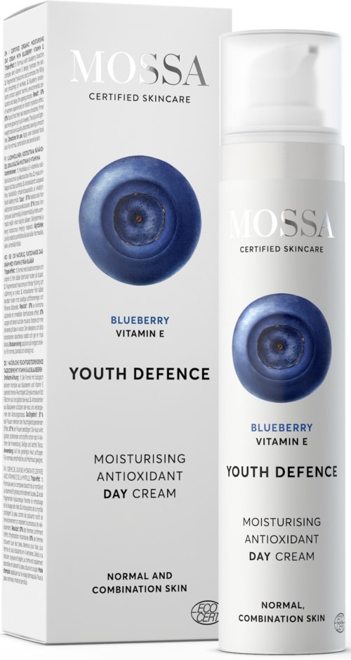 Huidverzorgingsfles en doos met bosbessenafbeelding, voor tieners, hydraterende en antioxidante dagcrème.