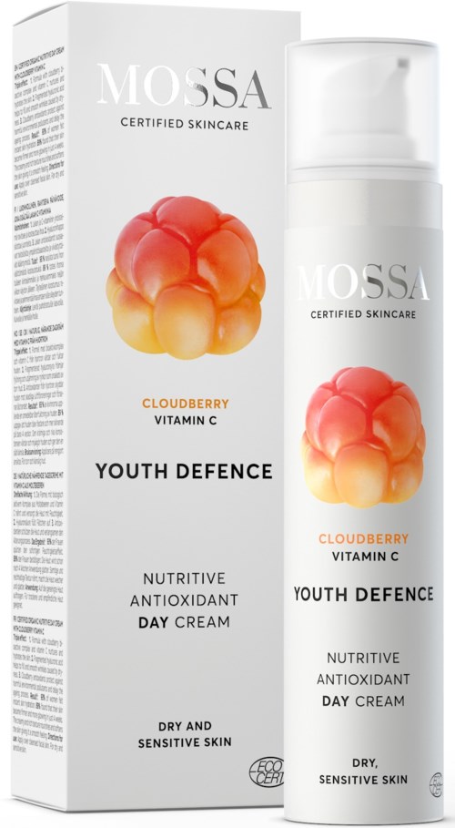 Een huidverzorgingsproduct van Mossa genaamd Youth Defence met Cloudberry en Vitamine C. Geschikt voor droge, gevoelige huid.