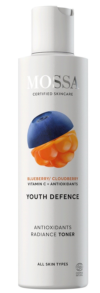 Een witte fles Mossa Youth Defence toner met bosbessen en antioxidanten, geschikt voor alle huidtypes.