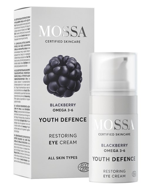 Een doos en flesje van Mossa Blackberry Omega 3-6 Youth Defence Restoring Eye Cream voor alle huidtypes.
