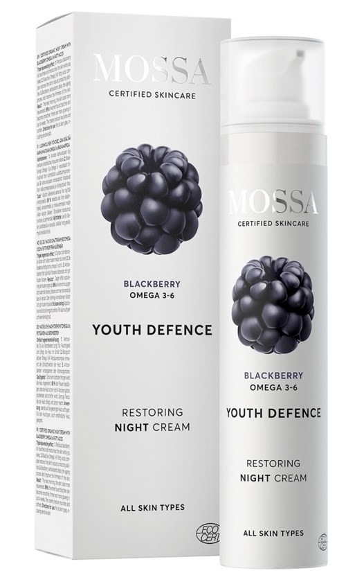 Een huidverzorgingsproduct genaamd Mossa Blackberry Omega 3-6 Youth Defence Restoring Night Cream voor alle huidtypes.