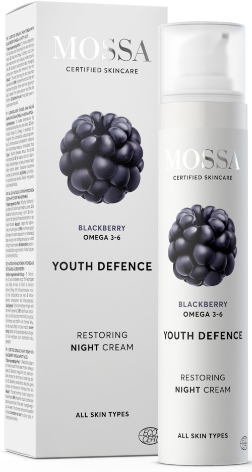 Een huidverzorgingsproduct genaamd Mossa Youth Defence Berry Night Cream met een bosbesafbeelding op de verpakking.