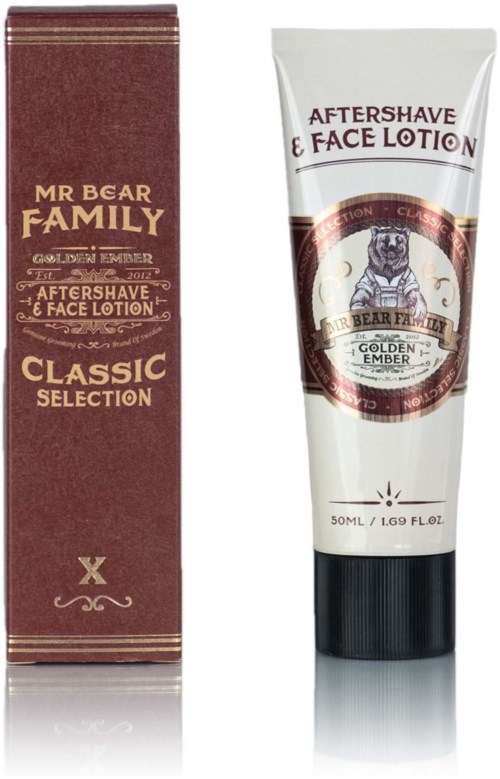 A brown box and a white tube of aftershave lotion with a bear logo and text, 50ml capacity.