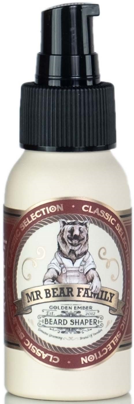 Een kleine fles met pomp heeft een berenlogo en tekst over baardvormen en grooming.