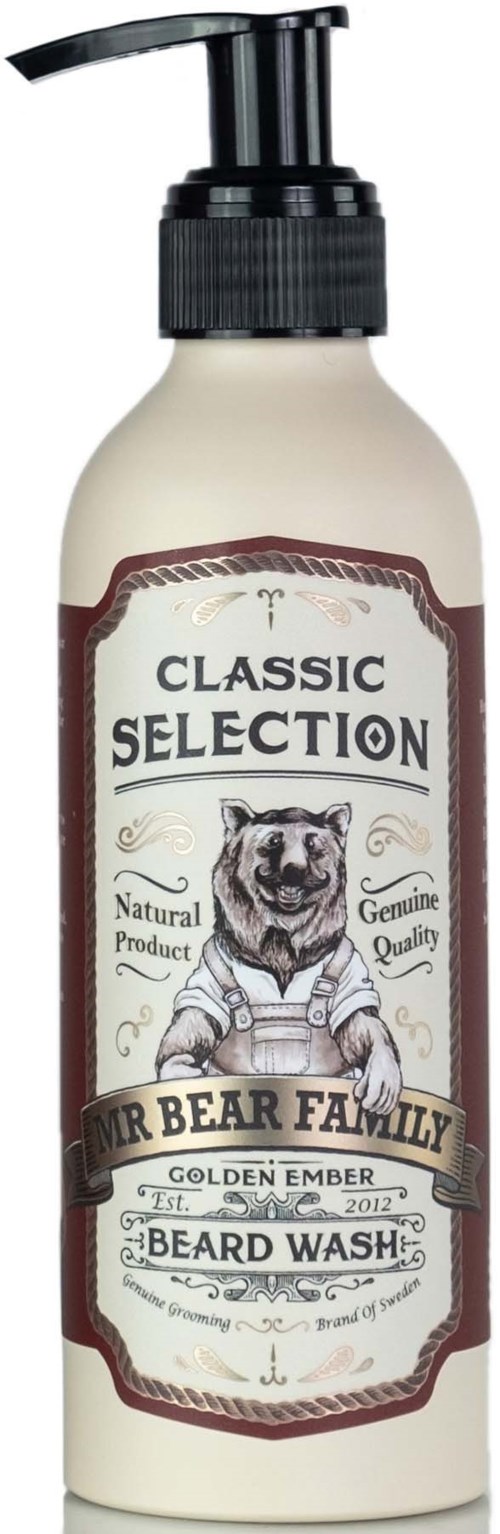 A bottle of beard wash with a pump dispenser, labeled 'Mr Bear Family' and 'Classic Selection' for men.