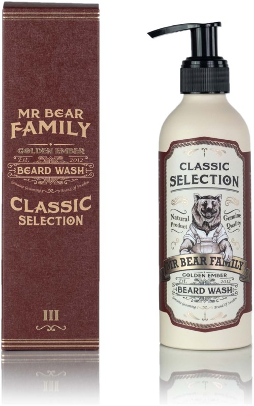 A bottle of beard wash and its box, both labeled 'Mr Bear Family Classic Selection,' with a bear wearing a shirt on the label.