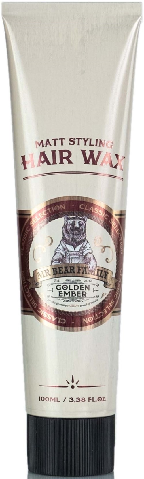A tube of hair wax labeled 'Matt Styling Hair Wax' with a bear logo and 'Golden Ember' scent.