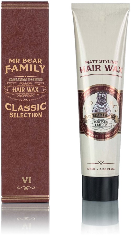 A tube of Mr. Bear Hair Wax and its box, both labeled Golden Ember and Classic Selection.