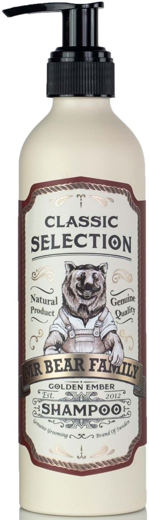 En sjampo-flaske med pumpe, etiketten viser en bjørn, sier "Mr. Bear Family" og "Classic Selection".