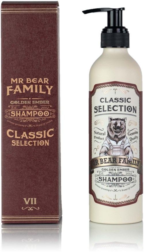 En sjampo-flaske og eske med en bjørneillustrasjon, merket 'Mr Bear Family Classic Selection Golden Ember Shampoo.'