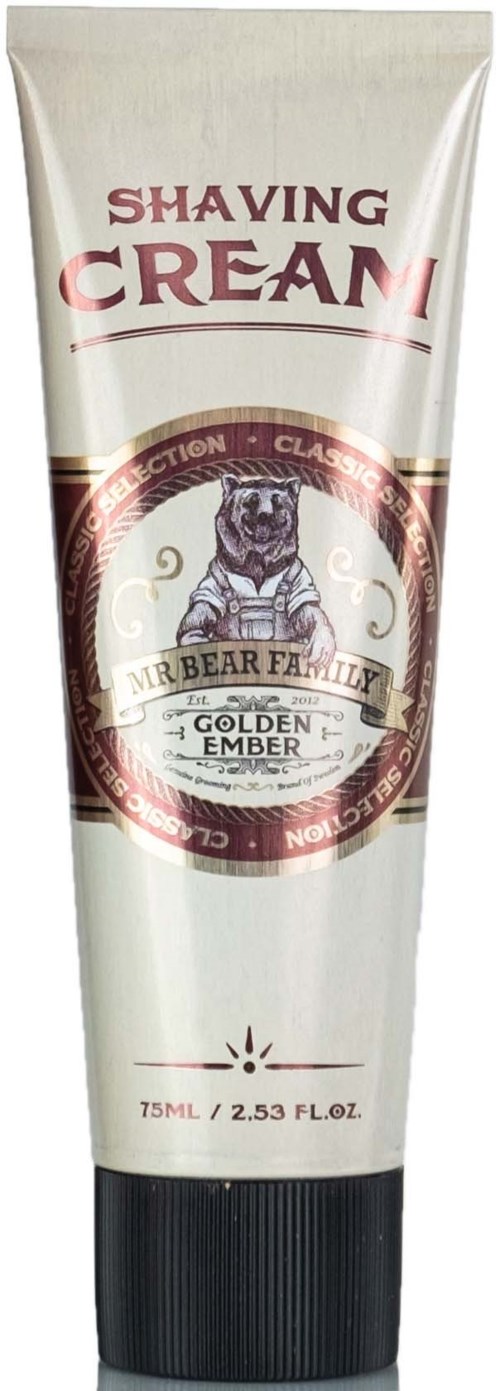A tube labeled 'Shaving Cream' with a bear logo and words 'Mr. Bear Family' and 'Golden Ember'.
