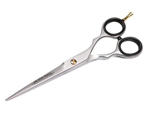 This is a pair of professional hair scissors with black finger holes and a gold tension screw.