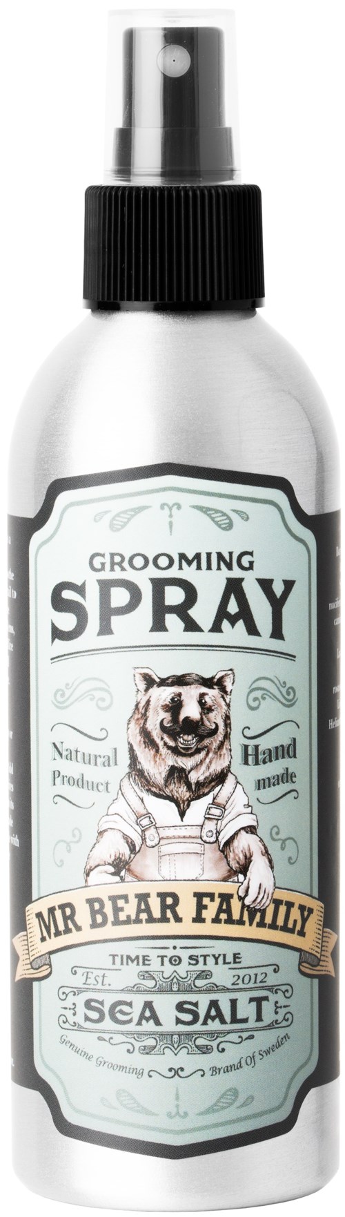 En sprayflaska med en etikett som visar en björn och text om grooming, havssalt och Mr Bear Family.