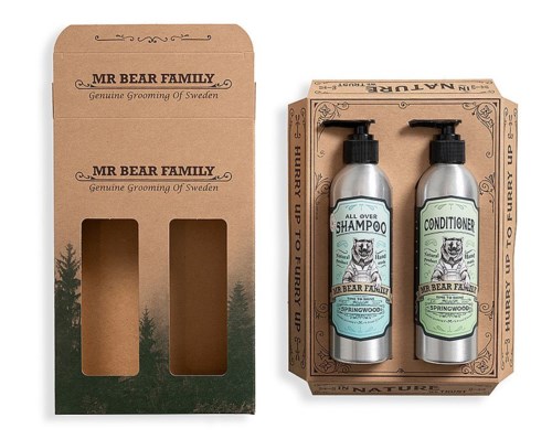 Opakowanie produktów pielęgnacyjnych Mr. Bear Family, zawiera szampon i odżywkę w kartonowym pudełku.