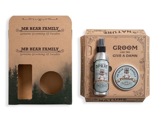 A grooming set for men includes spray, pomade, and cardboard boxes with natural theme and vintage style.