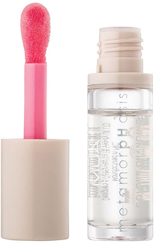 A lip gloss applicator with pink soft sponge and a clear tube with white text. The tube is open.