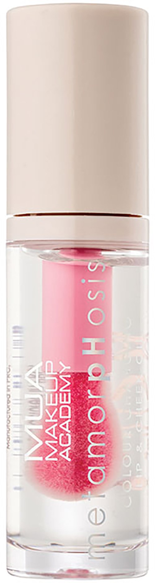 A clear bottle with pink and white text showing 'Max Academy' and 'AmorpH.O.S.I.S' inside.