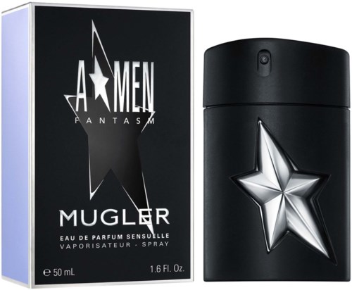 En parfymflaska med en stjärnmodell och en låda märkt "A Men Mugler" parfym.