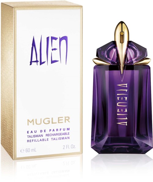 Een paarse parfumfles met gouden dop, naast een witte doos met 'Alien Mugler'.