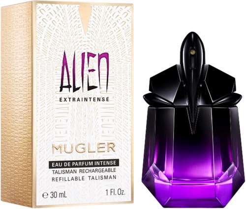 Een parfumfles in de vorm van een raket met zwart en paars naast een doos met Alien Mugler parfum.