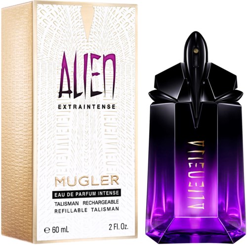 Een parfumfles met zwart en paars, naast een beige-witte doos, gemarkeerd 'Alien By Mugler.'