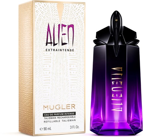 Een perfume fles met een gradient van paars naar zwart, in de vorm van een alienhoofd, naast een beige doos.