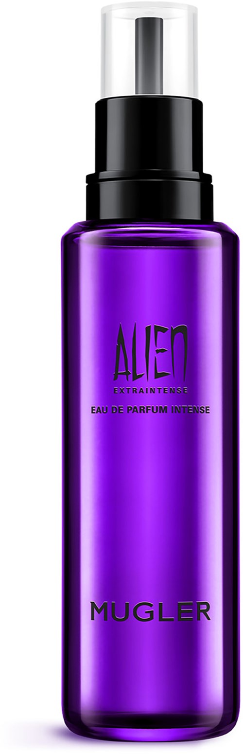 Een paarse parfumensprayfles met zwart en zilveren dop, gemerkt 'Alien' en 'Mugler'.