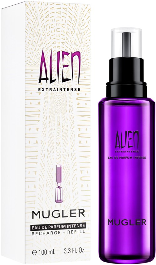 Een paarse parfumfles en doos met gouden patronen, gelabeld 'Alien' en 'Mugler' voor intense geurvulling.