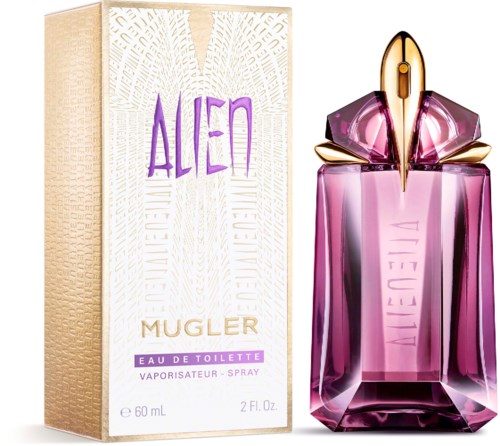 Een parfumbotje in de vorm van een alien, roze en paars, naast een doos met 'Alien Mugler' voor vrouwen.
