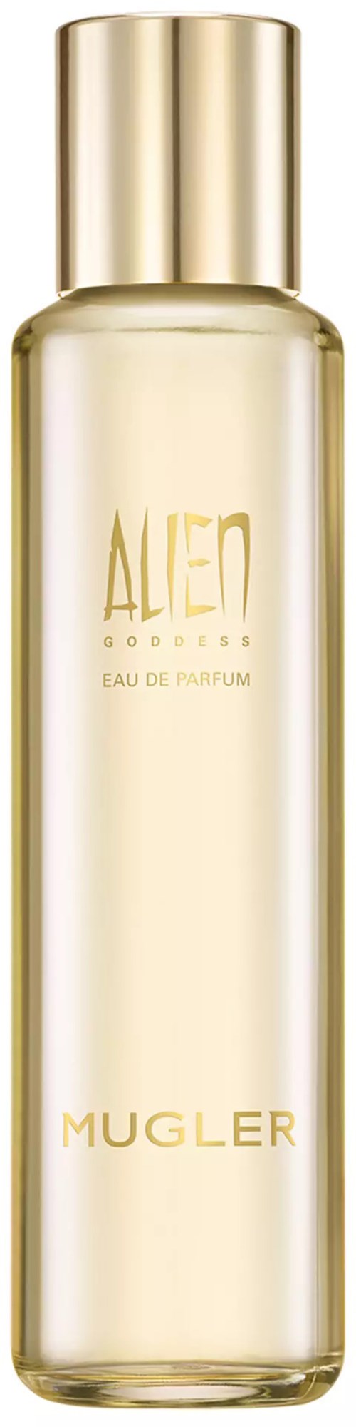 Een lange, heldere parfumfles met gouden dop, gelabeld 'Alien Goddess' en 'Mugler' in goudtekst.