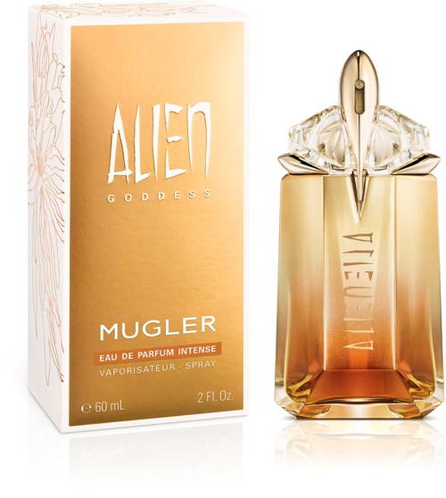 En parfymflaska med guld- och persikofärgad gradient, bredvid en vit och guld låda märkt 'Alien Goddess Mugler' och 'Intense'.
