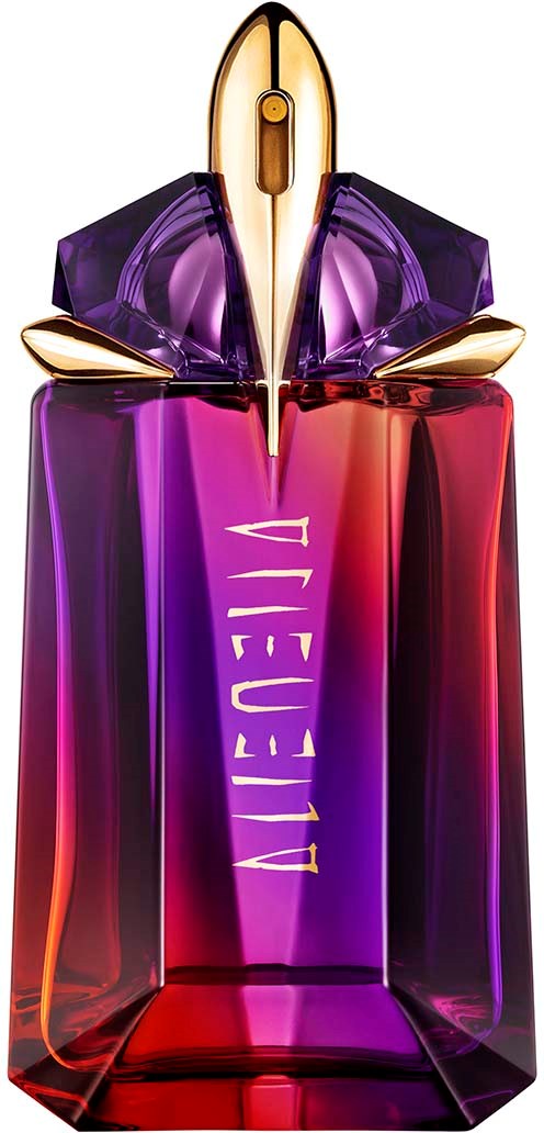 Een kleurrijk parfumflesje met paarse en rode glas, met een gouden dop, labeled 'Delina'.