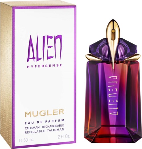 Een parfumfles in een paarse en rode gradient, naast de doos met 'Alien Hypersense' door Mugler.