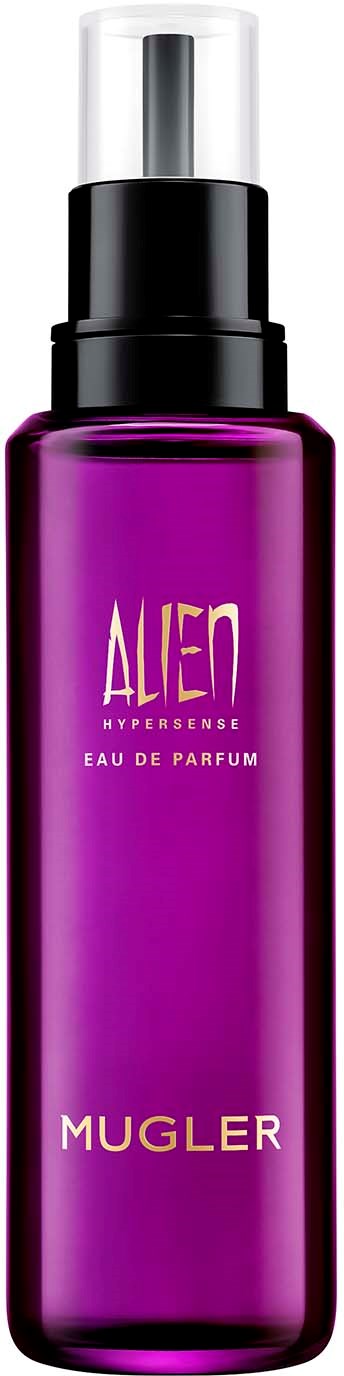 Een paarse parfumfles met zilveren dop, gemarkeerd 'Aldo Hyperense Eau de Parfum Mugler', op een zwarte achtergrond.