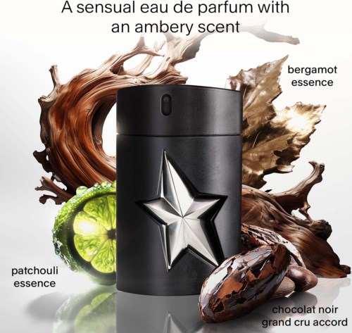 Een parfumfles omringd door ingrediënten zoals patchouli, bergamot en chocolade, met tekst over geurnoten.