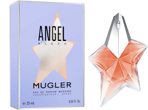 Een parfumfles in de vorm van een ster naast een doos met een ster en de woorden Angel Mugler.