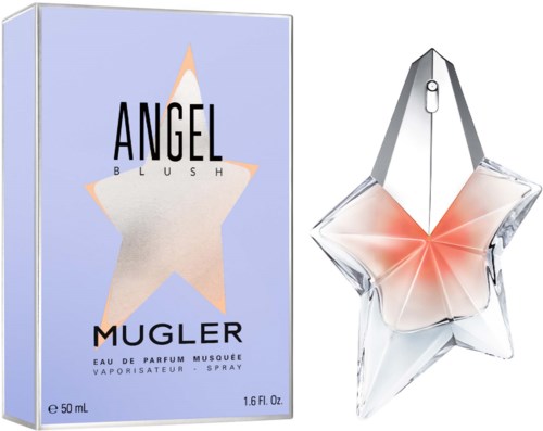Een parfumfles in de vorm van een ster en een doos met een ster, labeled Angel Mugler, blushgeur.