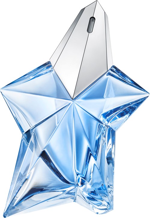 An elegant perfume bottle shaped like a star with blue and clear glass. It has a tall, pointed cap.
