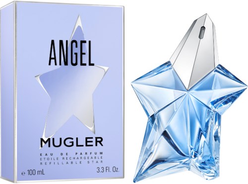 A perfume bottle shaped like a star, with blue and silver colors, and a matching star box that says "Angel Mugler."