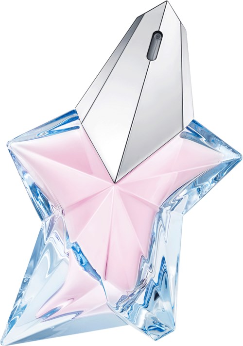 En stjärnformad parfyllflaska med rosa vätska, genomskinligt glas och en silverkork, formad som en stjärna.