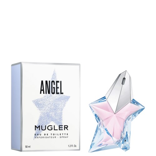 En parfymflaska formad som en stjärna, med ett rosa mittparti och klara blå kanter, bredvid en box med texten 'Angel Mugler.'