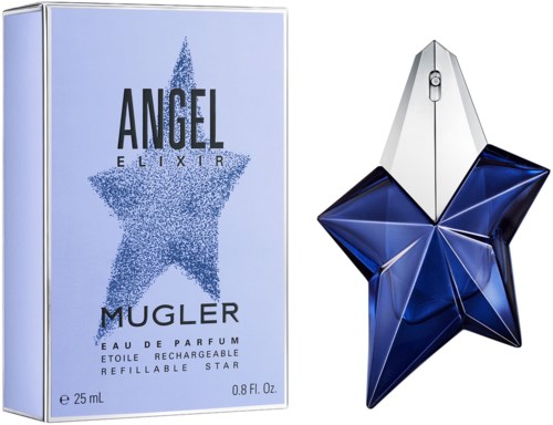 Een parfumfles in stervorm, blauw, met een stervormige doos en een doos gemarkeerd 'Angel Mugler'.