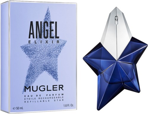 Angel Elixir parfymflaska i form av en stjärna, blå och silverfärger, med förpackning som visar en stjärna.