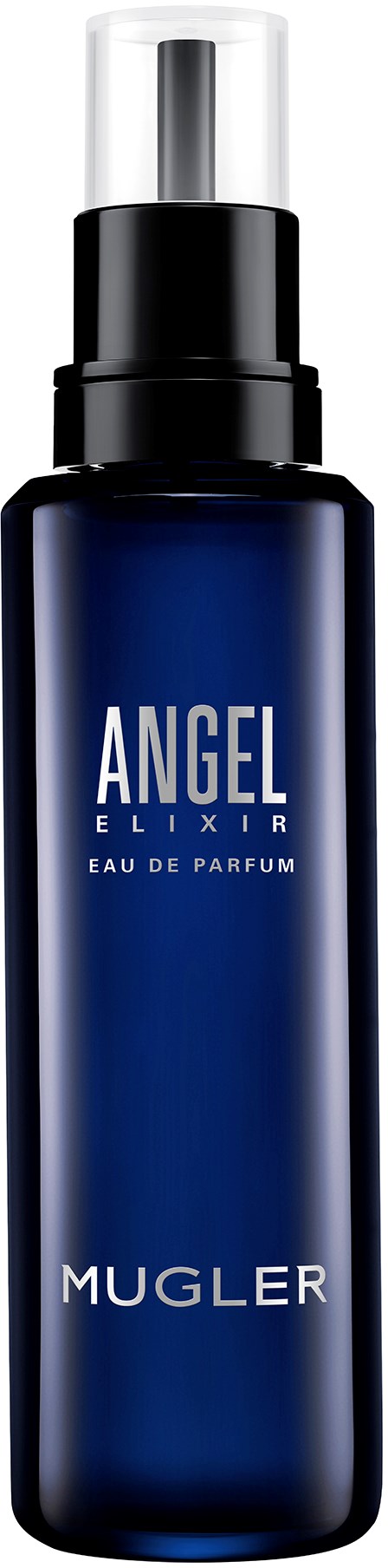 En mörkblå parfyllflaska med silvrig topp och sprut, märkt 'Angel Elixir' av Mugler.