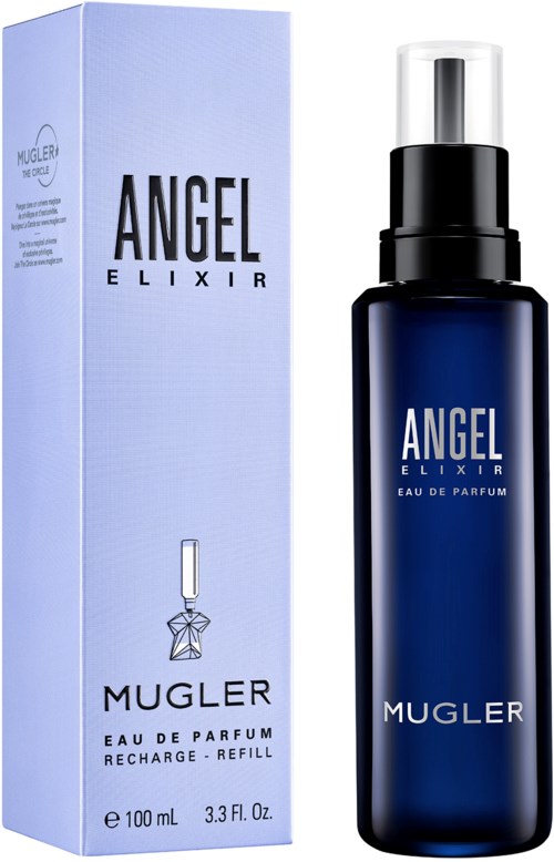 Blå parfymflaska och box med orden "Angel Elixir" och "Mugler" på.